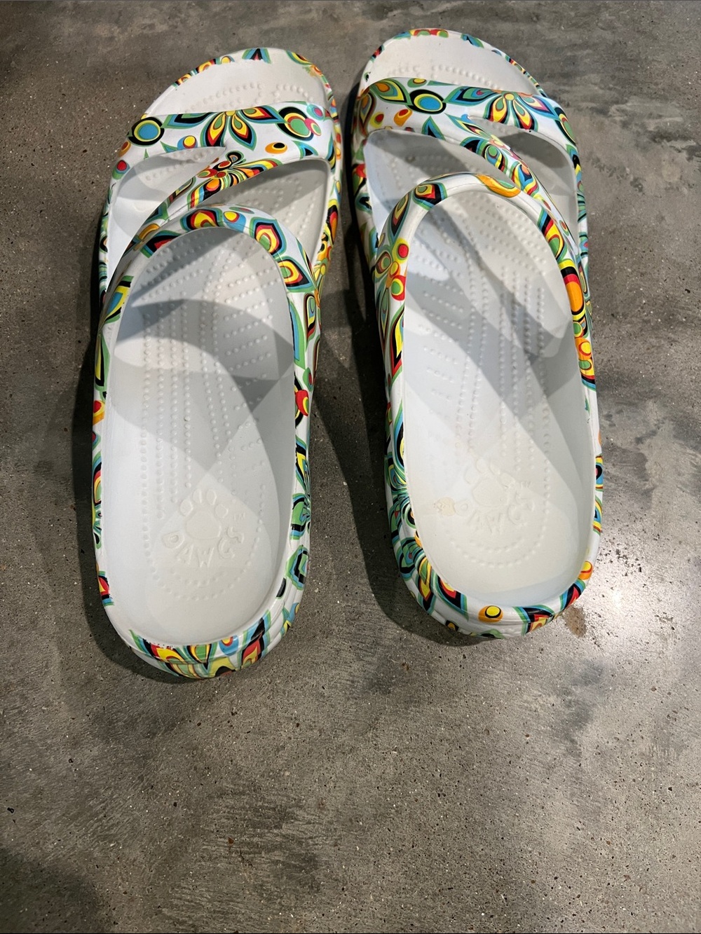 Dawgs White Slip-On Sandals with Multicolor Floral Swirl